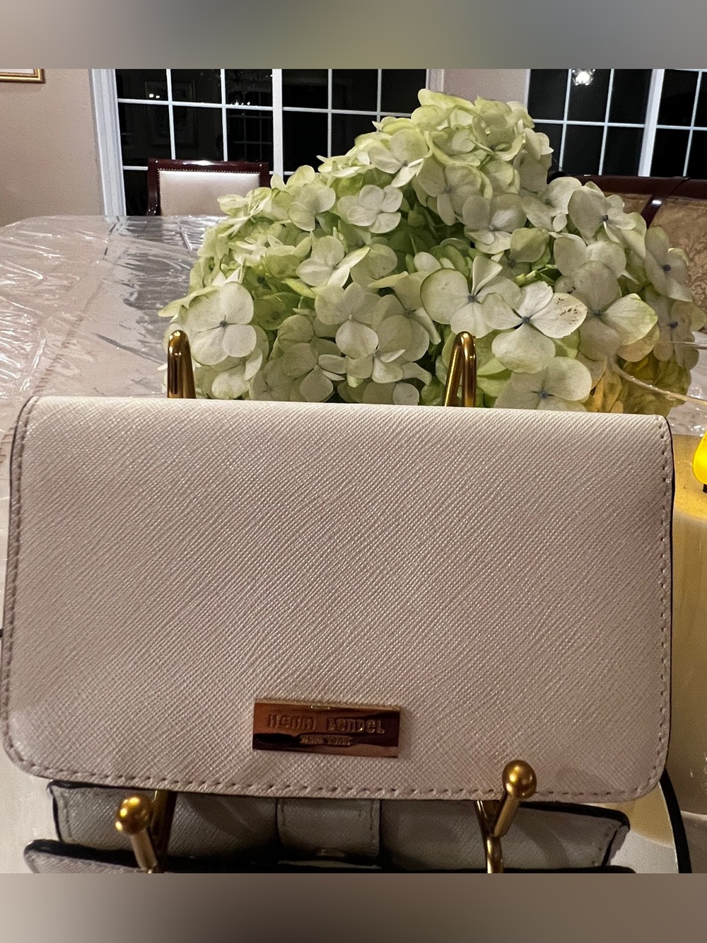 Henri Bendel New York Saffiano Leather Wallet Ivory Cream Gold Logo